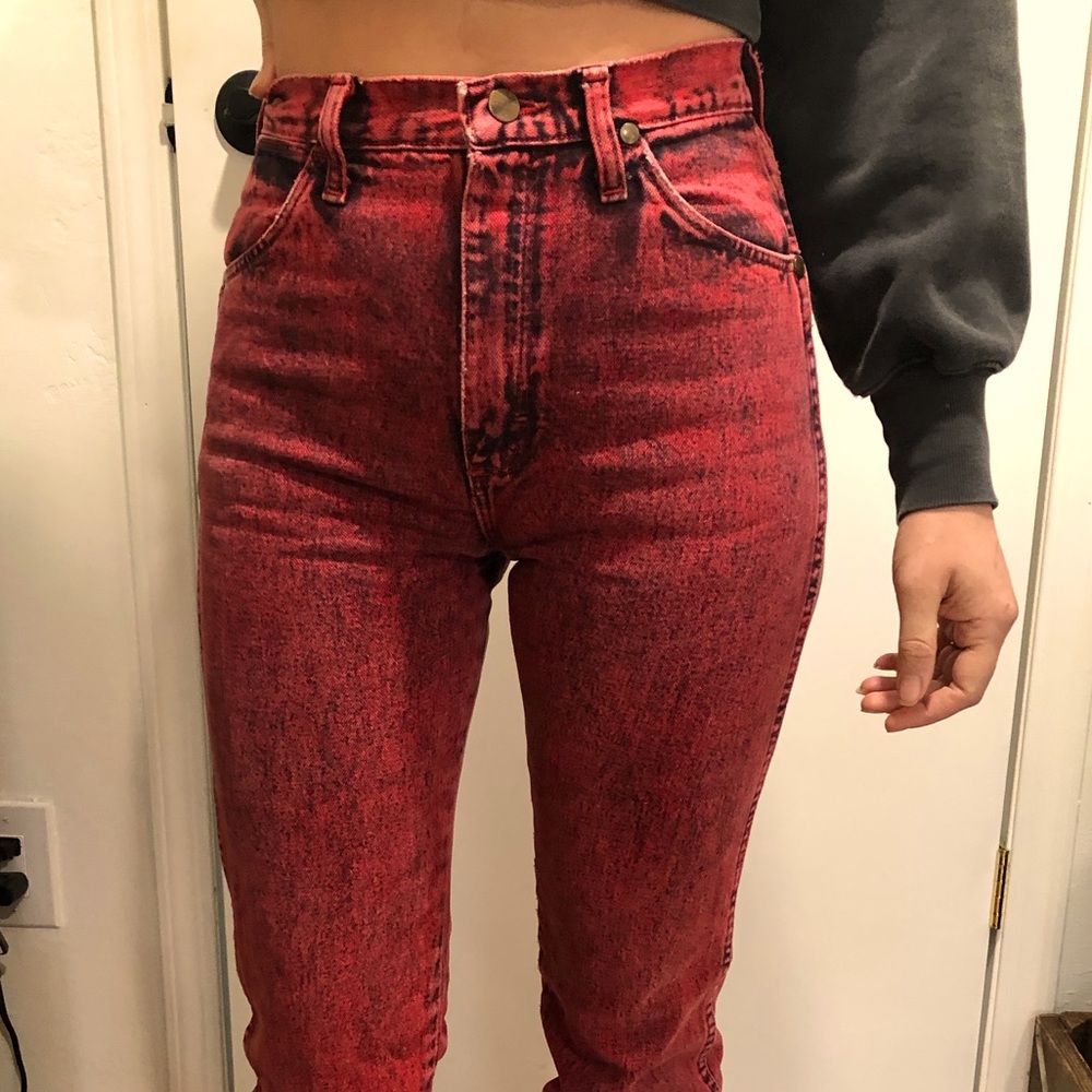 Vintage 80’s red acid wash Wranglers.
